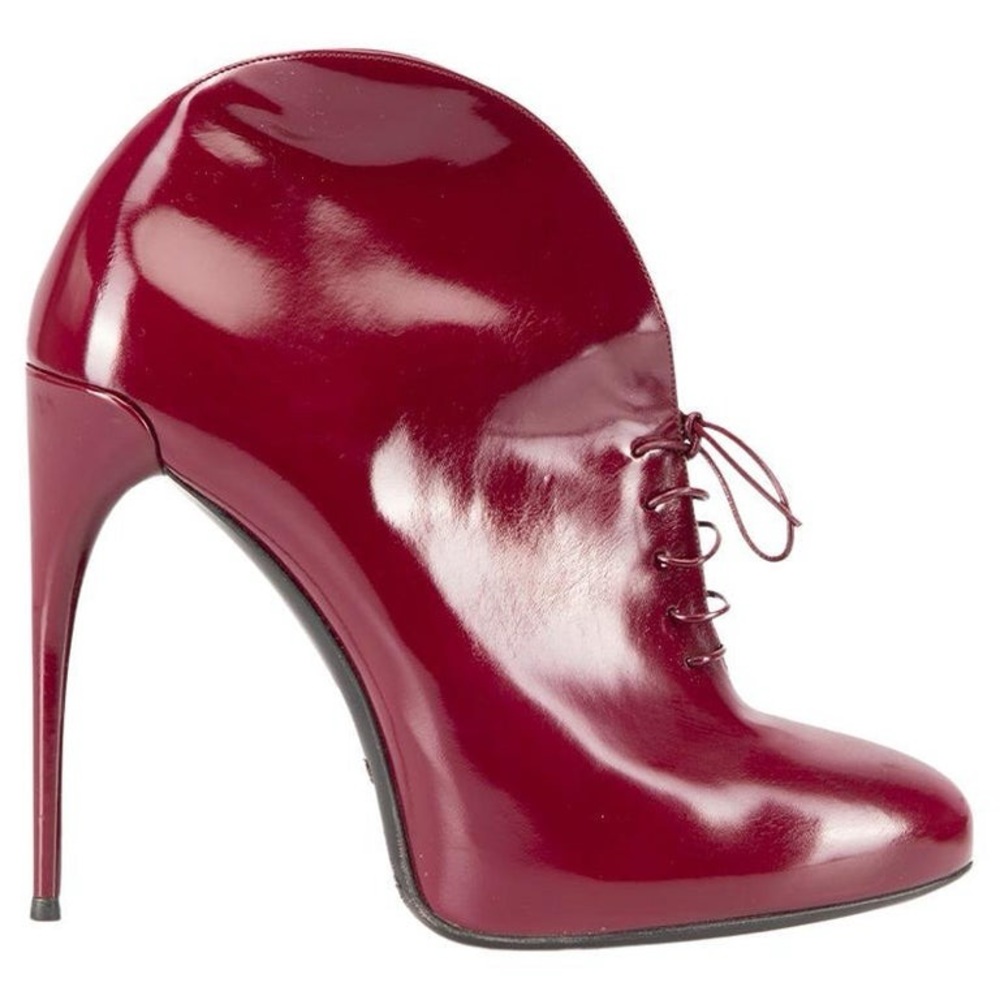 Gucci Berry Patent Leather Lace Up Kim Ankle Boots Burgundy Red 37.5/7.5 EUC